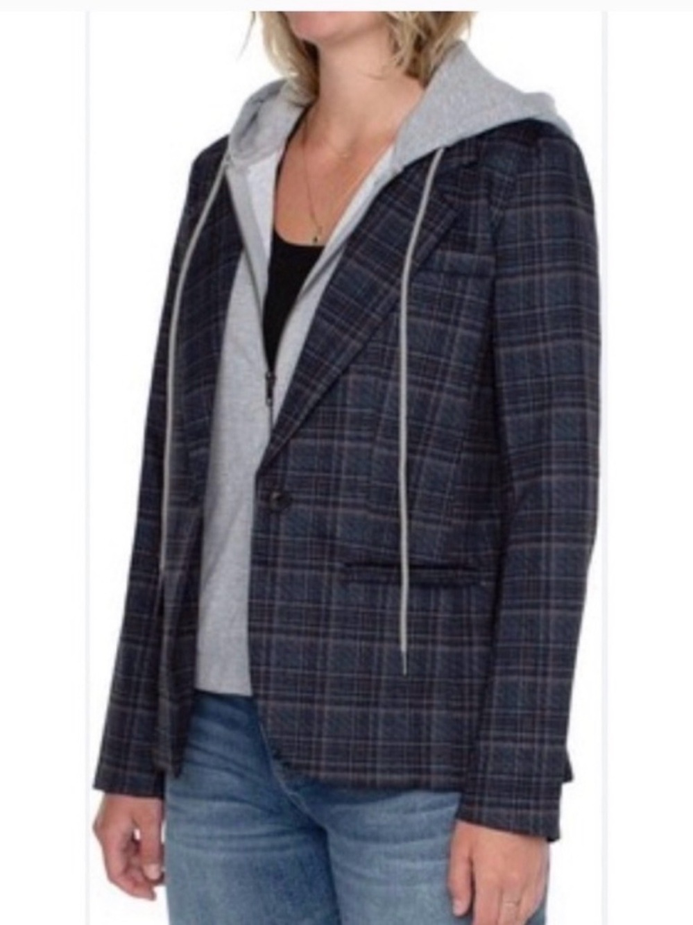 Liverpool Navy Plaid Blazer with Heather Gray Hooded removable Layer/Dickie